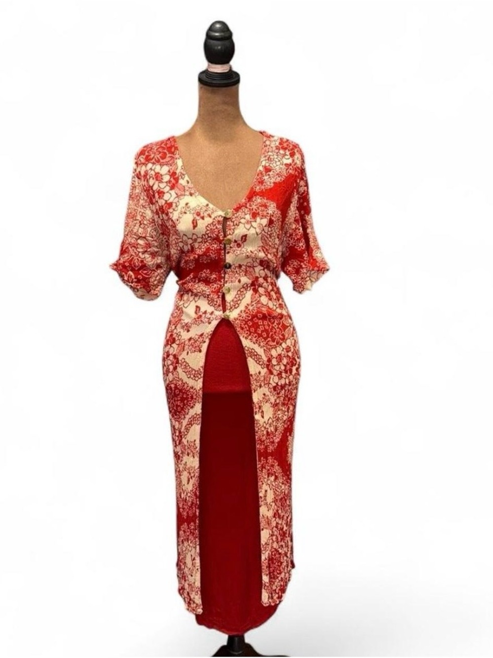 Red Floral Button-Front Maxi Dress S M L XL XXL 2X Cottagecore Rayon